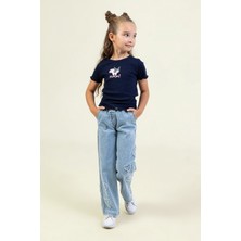 Kız Çocuk Kalp Detaylı Geniş Paça Jean Pantolon