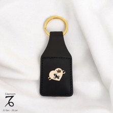 14 Ayar Altın Plakalı Oğlak Burçlarına Özel Siyah Derili Kalp Motifli Hediye ANAHTARLIK-488BURÇ