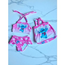 Kız Çocuk Karakter Baskılı Eteği Fırfırlı- Ip Bağlamalı Çanta Mayo Bikini 3 Lü Takım