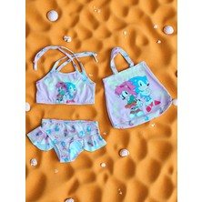 Kız Çocuk Karakter Baskılı Eteği Fırfırlı- Ip Bağlamalı Çanta Mayo Bikini 3 Lü Takım