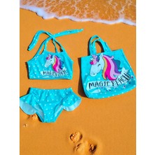 Kız Çocuk Karakter Baskılı Eteği Fırfırlı- Ip Bağlamalı Çanta Mayo Bikini 3 Lü Takım