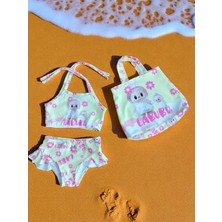 Kız Çocuk Karakter Baskılı Eteği Fırfırlı- Ip Bağlamalı Çanta Mayo Bikini 3 Lü Takım