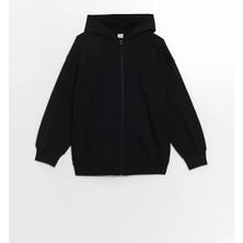 LC Waikiki Lcw Kids Kapüşonlu Kız Çocuk Fermuarlı Sweatshirt Düz Siyah Renk Orta Kalınlıkta