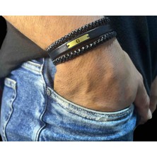 14 Ayar Plakalı Altın G Harfine Özel Dikdörtgen Motifli Hakiki Siyah Derili Hediye BILEKLIK-530HARF