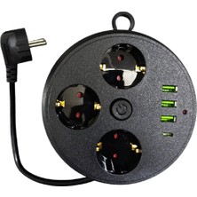 Büro Ev Ofis Için 1mt Makaralı 4000W 16A 3priz 3usb 1typec Anahtar Akım Korumalı Grup Priz