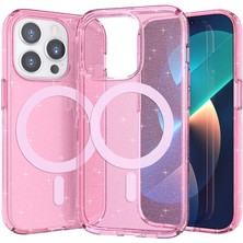 Apple iPhone 14 Pro Max Kılıf Magsafe Şarj Özellikli Parlayan Simli Saydam Renkli Mbfx Allstar Kapak-Pembe