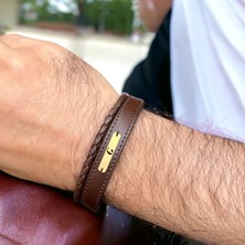 Altın Plakalı 14 Ayar G Harfine Özel Dikdörtgen Figürlü Kahverengi Derili Hediye BILEKLIK-531HARF