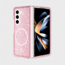 Galaxy Z Fold 6 Kılıf Magsafe Şarj Özellikli Parlayan Simli Saydam Renkli Mbfx Allstar Kapak-Pembe