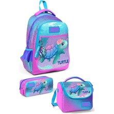 Coral High Kids Açık Pembe Mavi Kaplumbağa Desenli 3’lü Okul Çanta Seti SET0123497
