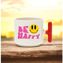 Be Happy Tasarımlı Kırmızı T Kulplu Seramik Baskılı Kupa Bardak 250 ml