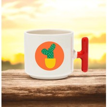 Saksı Tasarımlı Kırmızı T Kulplu Seramik Baskılı Kupa Bardak 250 ml