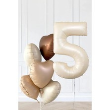 5 Yaş Retro Bej Yaş Balonlu Latte Bej Kahve Kalpli Retro Doğum Günü Yaş Balon Seti