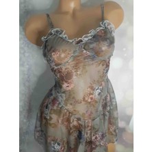 Kahverengi Mavi Karışık Renkli Yakası Fırfırlı Ip Askılı Çiçek Desenli Kadın Gecelik