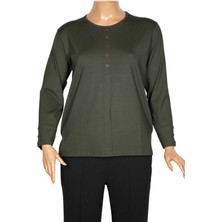 Cimariva Kadın Nüket Büyük Beden O Yaka Beş Süs Düğmeli Haki Bluz
