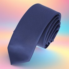 Lacivert Tek Renk Sade Dupon Saten Dokuma Ince Moda Slim Kravat