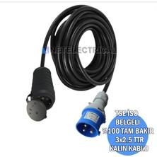 Tekne - Karavan Enerji Besleme Kablosu 10 Metre 3x2.5 Ttr Kalın Kablo | IP44 Kauçuk Uzatma Priz + 3X16A Düz Fişli |