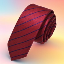 Bordo Mavi Çizgili Jakar Dokuma Ince Moda Slim Kravat