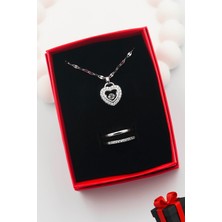 Kadın Paslanmaz Çelik Gümüş Zirkon Taşlı Kalp Kolye ve Su Yolu Yüzük Set