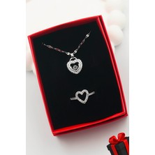 Kadın Paslanmaz Çelik Gümüş Renk Zirkon Taşlı Kalp Kolye ve Yüzük Seti
