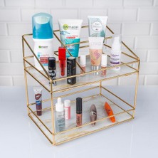 Mermer Desenli Cam 2 Katlı 3 Bölmeli Organizer, Şık ve Kullanışlı Düzgüleyici