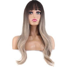 Kapsulavm Doğal Dalgalı Perçemli Fiber Sentetik Uzun Boy Peruk  Koyu Kumral Rus Kumralı Ombreli