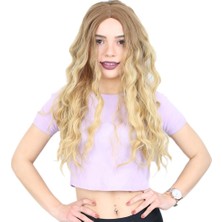 Kapsulavm Su Dalgası Uzun Perçemsiz Fiber Sentetik Peruk  Kumral Sarı Ombreli