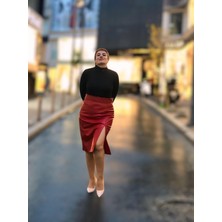 Önden Yırtmaçlı Deri Etek