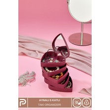 Çizgili Kalpli Mina 5 Katlı Aynalı Takı Organizeri Mürdüm Renk