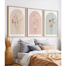 3’lü Çiçek Desenli Doğal Ahşap Çerçeveli Tablo Seti – Uv Baskı, Modern Duvar Dekoru