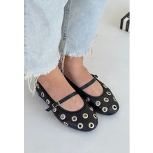 Oval Burunlu Ortopedik Tabanlı Babet Ayakkabı Cilt Siyah Topuk Boyu 1 cm