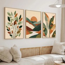 Doğal Ahşap Çerçeveli Uv Baskı 3'lü Soyut Desenli Tablo Seti – Modern & Şık Duvar Dekoru