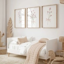 Doğal Ahşap Çerçeveli Uv Baskı 3'lü Pembe Çiçekli Tablo Seti – Modern & Şık Duvar Dekoru