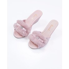 Kadın Kalın Topuklu Tüylü ve Taşlı  Şık Günlük Ev Terliği Çeyiz Terliği Süslü Doğum Misafir Gelin Terliği