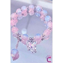 Pembe Aytaşı Boncuklu Zirkon Taşlı Kelebekli Kız Çocuk Bileklik - Hediyelik Takı Aksesuar