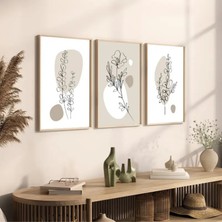 Doğal Ahşap Çerçeveli Uv Baskı 3'lü Soyut Çiçek Desenli Tablo Seti – Modern & Şık Duvar Dekoru
