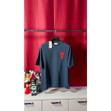 Kalp Logo Nakış Işlemeli Oversize Lacivert Erkek T-Shirt Nw