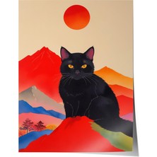 Çerçevesiz Poster, Kırmızı Arka Planlı Siyah Kedi, Yatak Odası Dekoru Poster No: 109658