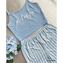 Likralı Mavi Çizgili Pijama Takımı
