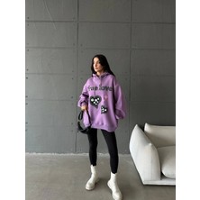 3 Iplik Şardonlu Oversize Compact True Baskılı Sweat Mor