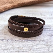 14 Ayar Plakalı Altın Can Yazılı Yuvarlak Motifli Kahverengi Derili Hediye BILEKLIK-533ISIM