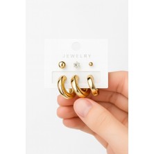 Gold Detaylı Zarif Mini Halka ve Inci Görünümlü Taş Detaylı Küpe Seti