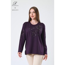 Kadın Orta Yaş ve Üzeri Viskon Çiçek Desen Taşlı Işlemeli Likralı Mürdüm Anne Penye Bluz