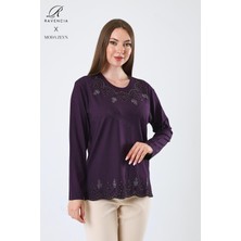 Kadın Orta Yaş ve Üzeri Viskon Yaprak Desenli Eteği Yakası Taşlı Işlemeli Likralı Mürdüm Anne Penye Bluz