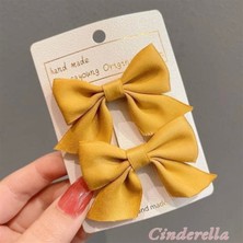 2'li Çocuk Saten Fiyonk Toka Seti Sarı - Kurdele Fiyonklu Klips Pens Saç Tokası