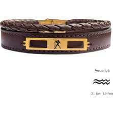 14 Ayar Plakalı Altın Kova Burçlarına Özel Dikdörtgenli Kahverengi Derili Hediye BILEKLIK-532BURÇ