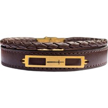 Altın Plakalı 14 Ayar Kılıç Temalı Dikdörtgen Motifli Kahverengi Derili Hediye BILEKLIK-532SEMBOL