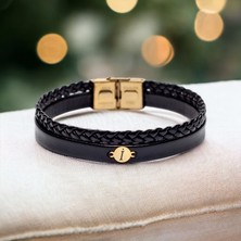 14 Ayar Altın Plakalı I Harfine Özel Yuvarlak Figürlü Doğal Siyah Derili Hediye BILEKLIK-536HARF