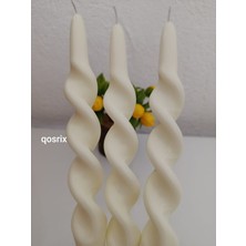 Qosrix 3'lü Açık Krem Burgulu Şamdan Soya Mumu Doğal Kokulu Uzun Çubuk Konik Burgu Spiral Mum Dekoratif