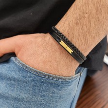 Altın Plakalı 14 Ayar I Harfine Özel Hakiki Siyah Derili Dikdörtgen Motifli Hediye BILEKLIK-537HARF