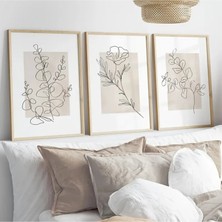 Mc Home Art Doğal Ahşap Çerçeveli Uv Baskı 3'lü Soyut Çiçek Desenli Tablo Seti – Modern & Şık Duvar Dekoru
